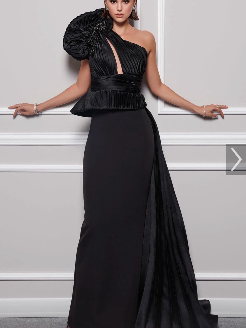 MNM Couture One-Shoulder Black Pleated Peplum Gown
